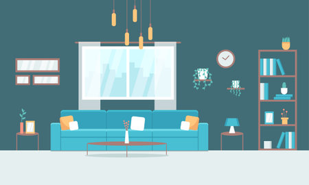 Modern living room design with furniture, loft interior in turquoise color with sofa, lamp, window, coffee table, bookcase, paintings. Vector illustration in flat styleのイラスト素材