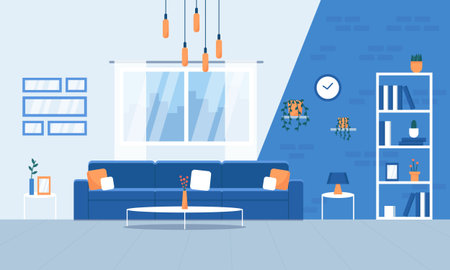 Modern living room design with furniture, loft interior in blue color with sofa, brick wall, lamp, window, coffee table, bookcase, paintings. Vector illustration in flat styleのイラスト素材