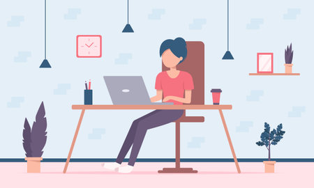 Girl is sitting at the desk and working from home on the laptop. Home office, e-learning, looking for job, freelance or studying concept. Cute vector illustration in flat styleのイラスト素材