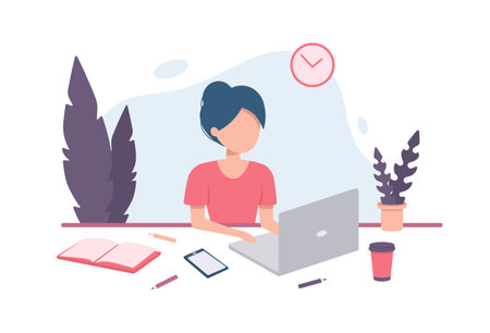 Woman sitting with laptop at the table. Freelance, online concept, isolatedのイラスト素材