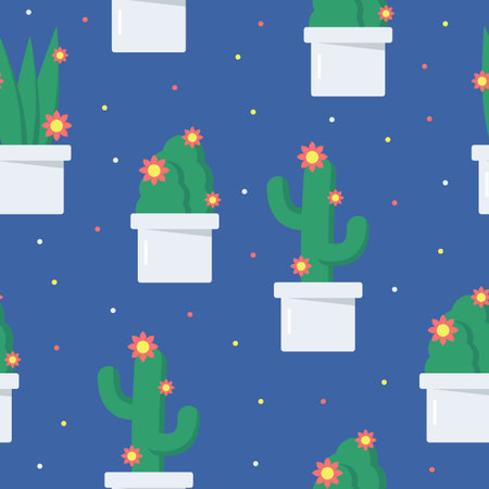 Seamless pattern of different cute flowers in pots on blue background. Vector illustration in flat styleのイラスト素材