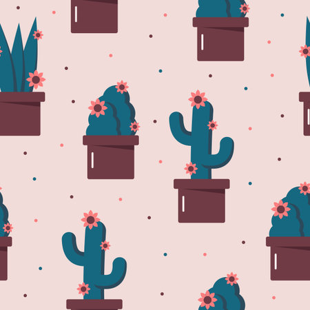 Seamless pattern of different flowers in pots on pink background. Cute vector illustration in flat styleのイラスト素材