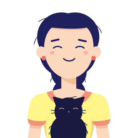 Cartoon portrait of cute little girl with black cat. Social media kawaii avatar. Vector illustration in flat style isolated on white backgroundのイラスト素材