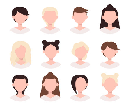 Icons set of different women hairstyle. Collection of female avatars with beautiful various hairdo. Vector illustration in flat style isolated on white backgroundのイラスト素材