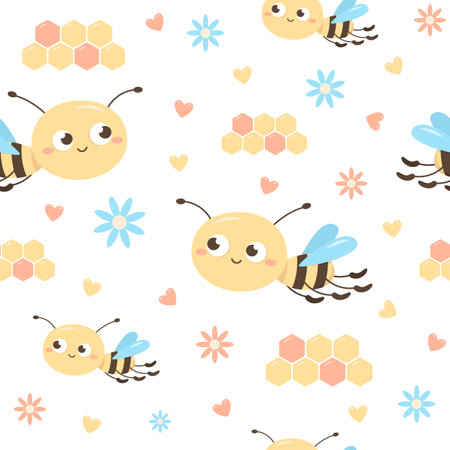 Seamless pattern of cartoon cute baby bee. Little friendly wasp is flying among flowers. Vector illustration in flat styleのイラスト素材