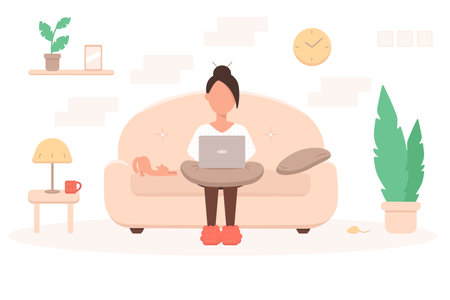 Woman with laptop sitting on the sofa. Freelance, online education, home office concept. Cute vector illustration in flat styleのイラスト素材