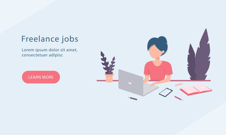 Web page template with woman working on the laptop. Home office, freelance, online job concept. Modern vector illustration in flat style for banner, poster, websiteのイラスト素材