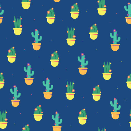 Vector seamless pattern of flowers in pots on dark blue backgroundのイラスト素材