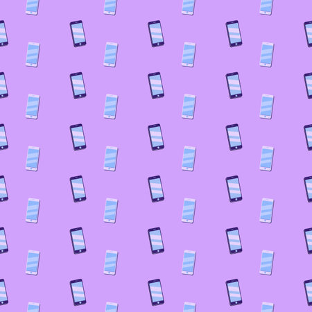 Seamless pattern of mobile devices on purple background. Bright vector illustration with smartphonesのイラスト素材