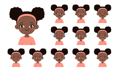 Set of african american girl with different facial expressions.のイラスト素材