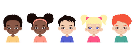 Set of diverse multiethnic children avatars. Happy different boys and girls.のイラスト素材