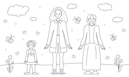 Happy family walking outside. Mother, little girl and grandmother standing together. Cute coloring pageのイラスト素材