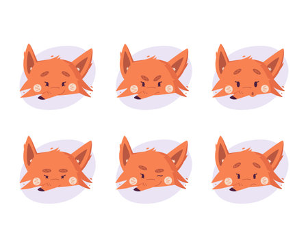 Set of cartoon fox emotions, different facial expressions isolated on white backgroundのイラスト素材