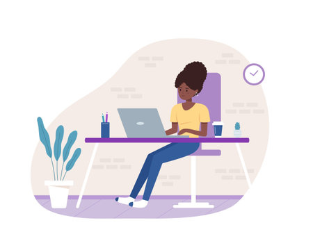 Woman sitting at the desk and working on laptop. Freelance, remote work, home office concept design. Vector illustration isolated on white background in flat styleのイラスト素材