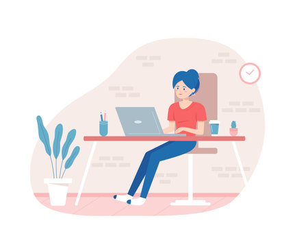Attractive woman sitting and working on laptop. Freelance, remote work, home office, online study concept design. Vector illustration in flat style isolated on white backgroundのイラスト素材