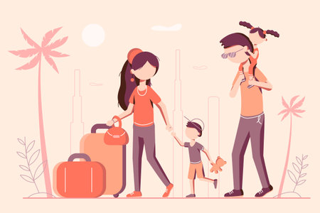 Happy family is travelling with suitcases all over the world. Mother, father, brother and little sister are taking a vacation. Vector illustration in flat styleのイラスト素材