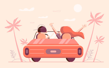 Young man and woman are riding a red car towards sunny tropical landscapes with palms. Vector illustration in flat styleのイラスト素材