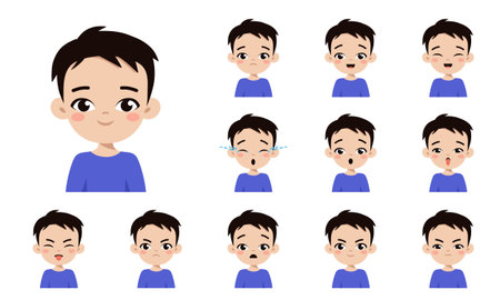 Boy facial emotions set. Kids face with different expressions. Cartoon character design. Happy, smile, angry, sad, crying, offended, surprised boy avatar. Flat vector isolated on white backgroundのイラスト素材