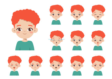 Set of little ginger boy with different facial expressions. Collection boy emotions face. Cartoon character design. Happy, smile, angry, sad, crying, offended. Vector isolated on white backgroundのイラスト素材