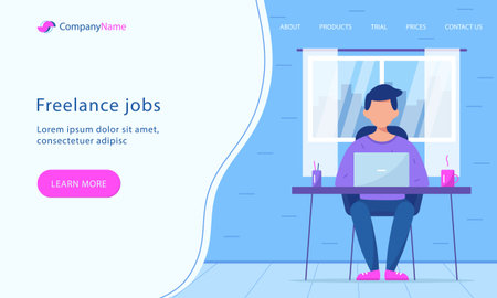 Web page template with man working on laptop. Home office, freelance, remote work concept. Vector flat illustration for design, banner, posterのイラスト素材
