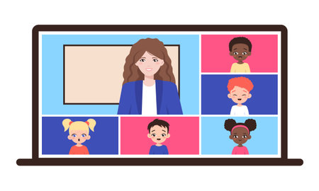 Online school class. Teaching and learning from home with video conference call on laptop. Children studying on computer. Remote education. Vector in flat style isolated on white backgroundのイラスト素材