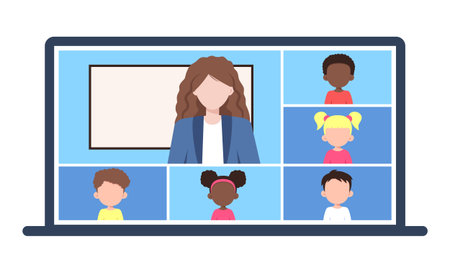 Online school class. Woman teaching with video conference call on laptop. Children studying on computer from home. Remote education. Vector isolated on white backgroundのイラスト素材
