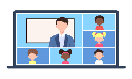 Online school class. Man teaching with video conference call on laptop. Children studying on computer from home. Remote education. Vector isolated on white backgroundのイラスト素材