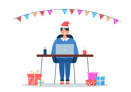 Woman sitting with laptop in Christmas hat. Lots of gift boxes. Christmas office party concept. Cartoon vector illustration isolated on white background with Happy holidays text on flags bannerのイラスト素材