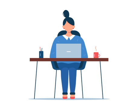 Woman working at laptop. Freelance, online learning, home office, remote work concept. Vector isolated on white backgroundのイラスト素材