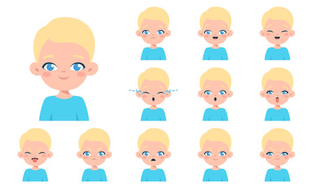 Boy facial emotions set. Kids face with different expressions. Cartoon character design. Happy, smile, angry, sad, crying, surprised boy avatar. Flat vector portrait isolated on white backgroundのイラスト素材