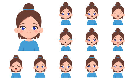Set of cute caucasian brown-haired girl with different facial expressions. Girl emotions face collection. Cartoon character design. Happy, sad, angry, surprised. Vector isolated on white backgroundのイラスト素材