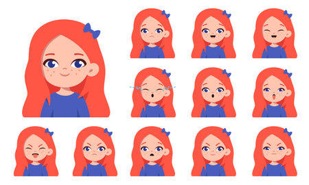 Set of cute little ginger girl with different facial expressions. Girl emotions face collection. Cartoon character design. Happy, sad, angry, surprised. Vector isolated on white backgroundのイラスト素材