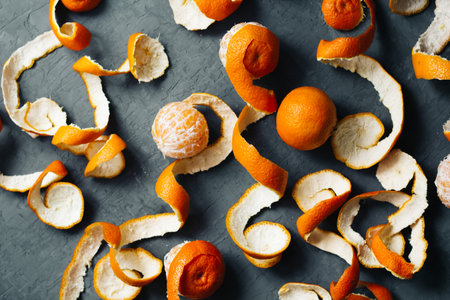 orange peel mandarin background. tangerines top view.の写真素材