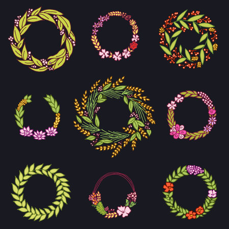 Wreath with flowers. Vector set. Cute Floral collection, hand drawn watercolor. Wedding or greeting cards. Romantic design. Engraved vintage styleのイラスト素材