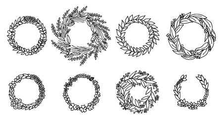 Wreath with flowers. Vector set. Cute Floral collection, hand drawn watercolor. Wedding or greeting cards. Romantic design. Engraved vintage styleのイラスト素材