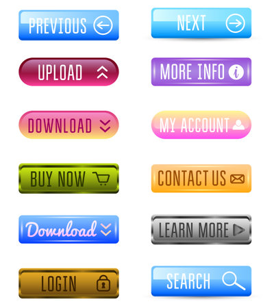 Collection of Web Buttons, Vector Templates, banners and labels, media. Ribbons icons for website or app, navigation menu bars. Elements Set.のイラスト素材