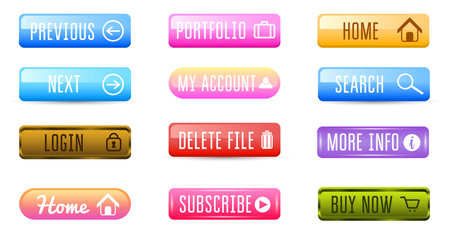 Collection of Web Buttons, Vector Templates, banners and labels, media. Ribbons icons for website or app, navigation menu bars. Elements Set.のイラスト素材