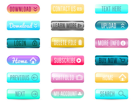 Collection of Web Buttons, Vector Templates, banners and labels, media. Ribbons icons for website or app, navigation menu bars. Elements Set.のイラスト素材