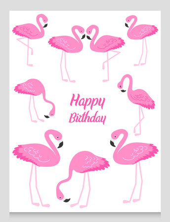 Flamingo or tropical birds illustration for party card. Summer exotic background. Vintage cute banner or spring holiday set.のイラスト素材
