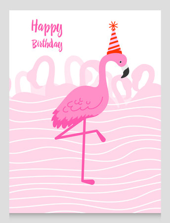 Flamingo or tropical birds illustration for party card. Summer exotic background. Vintage cute banner or spring holiday set.のイラスト素材