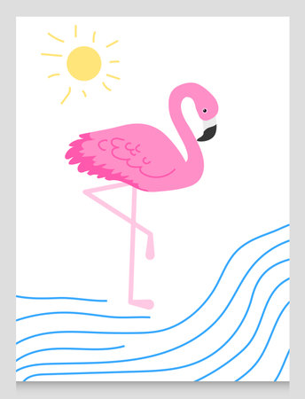Flamingo or tropical birds illustration for party card. Summer exotic background. Vintage cute banner or spring holiday set.のイラスト素材