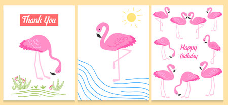 Flamingo or tropical birds illustration for party card. Summer exotic background. Vintage cute banner or spring holiday set.のイラスト素材