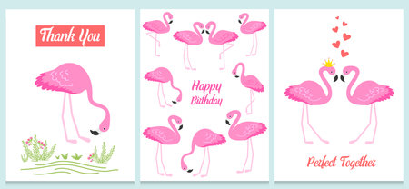 Flamingo or tropical birds illustration for party card. Summer exotic background. Vintage cute banner or spring holiday set.のイラスト素材