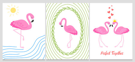 Flamingo or tropical birds illustration for party card. Summer exotic background. Vintage cute banner or spring holiday set.のイラスト素材