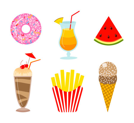 Summer food. Donut and orange drink or lemonade, watermelon and ice cream, milkshake and french fries. Fun sticker for Girl, fashion cute patch, icons. Trendy Collection different element for notebookのイラスト素材
