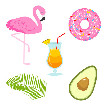 Summer icons. flamingo and drink, avocado and tropical palm. Fun sticker for Girl, fashion cute patch, badge, pin. Collection different elements for notebook. Vector trendy illustrationのイラスト素材