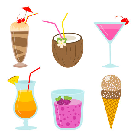 cocktails and milkshakes, drinks juices and coconut milk, smoothies with chocolate and berries, vegetarian organic healthy food. fruit food.のイラスト素材