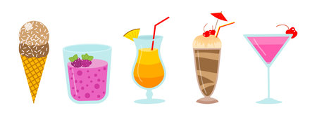 cocktails and milkshakes, drinks juices and coconut milk, smoothies with chocolate and berries, vegetarian organic healthy food. fruit foodのイラスト素材