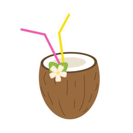 Coconut summer juice or smoothies with straws. Vegetarian organic drink for diet and health. Red tropical cocktail. Natural fresh Vitamin. Tropical Fruit. Aloha and jungleのイラスト素材