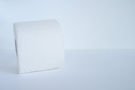 rolled white toilet paper in a white background. space for textの写真素材